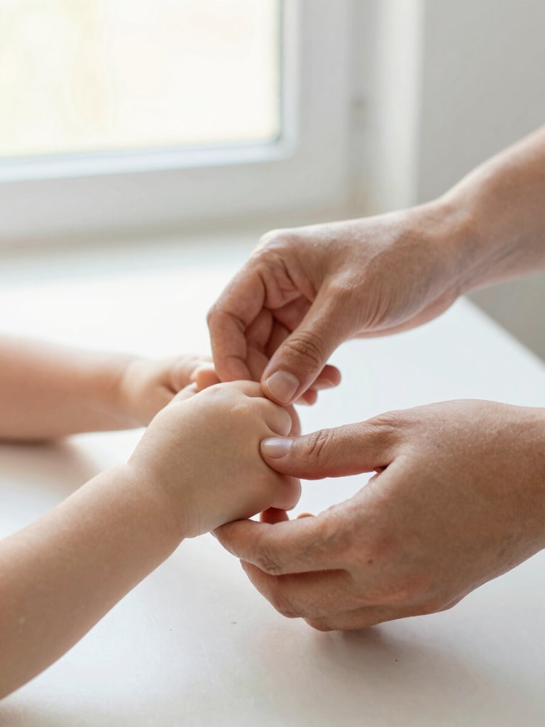 Close-up of a caregiver's hands gently guiding a child's hands during a creative activity, warm editorial photography, bright natural window light, soft pastel tones, shallow depth of field, authentic moment.