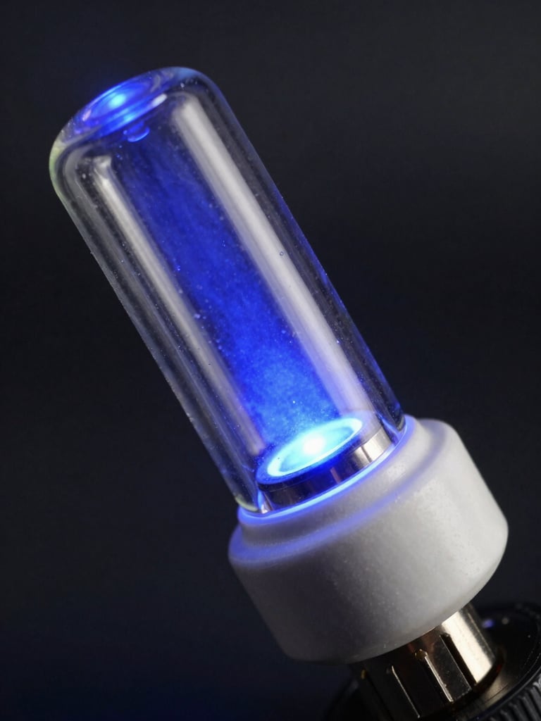 Macro close-up of a heavy-duty quartz glass UV lamp envelope, intense blue ultraviolet light glowing from within, ceramic terminal base visible, dark cleanroom background.
