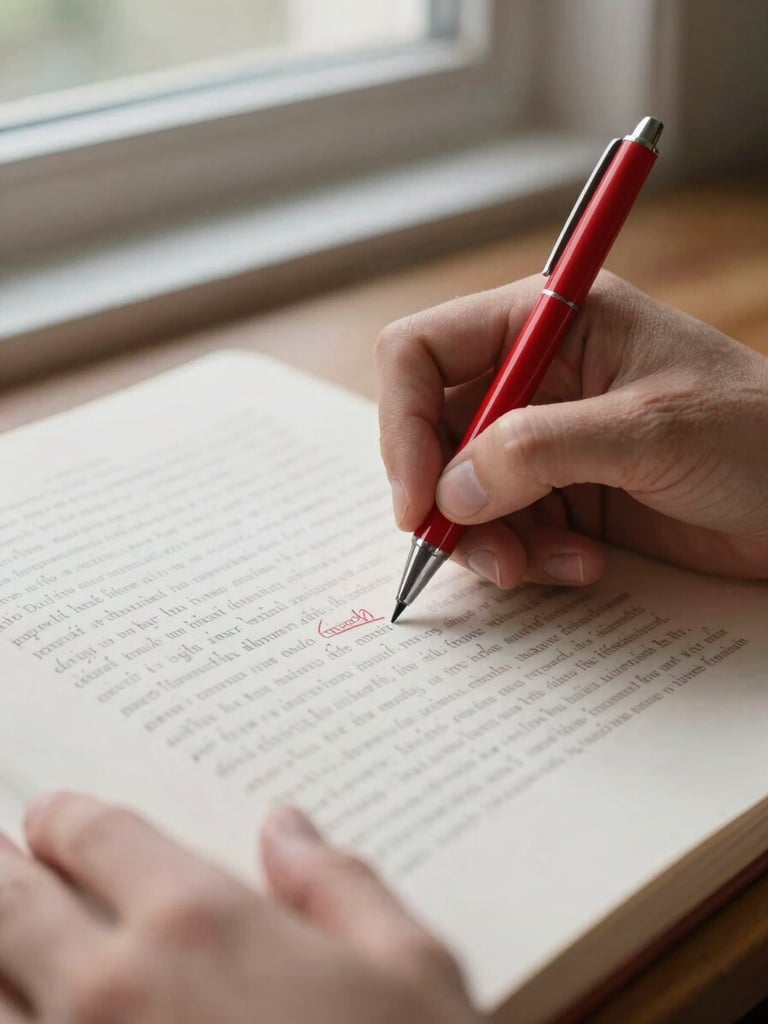Close-up of hands marking up a manuscript page on a desk under soft north-facing window light, red editorial pen visible mid-stroke, dense marginal notes in the background