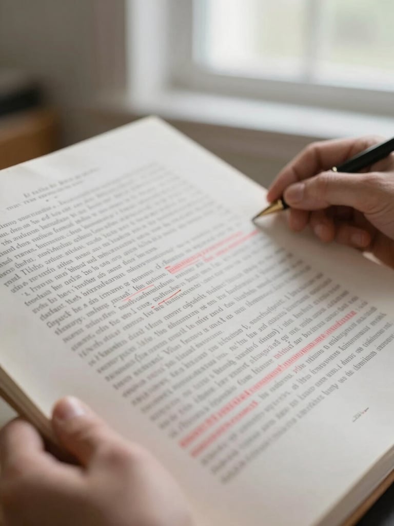 Extreme close-up, hands holding a printed manuscript page with red editorial marks and margin notes, natural diffused window light, shallow depth of field, the text on the page is legible but unfocused, serious and workmanlike