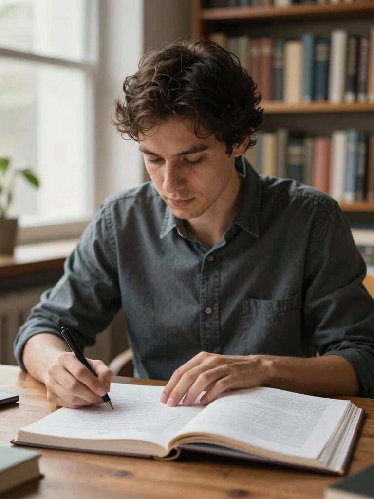 Close medium shot, author seated at a wooden desk mid-work, hands resting on an open manuscript with marginal notes visible, soft north-facing window light from the left, bookshelves blurred in background, workmanlike and unposed