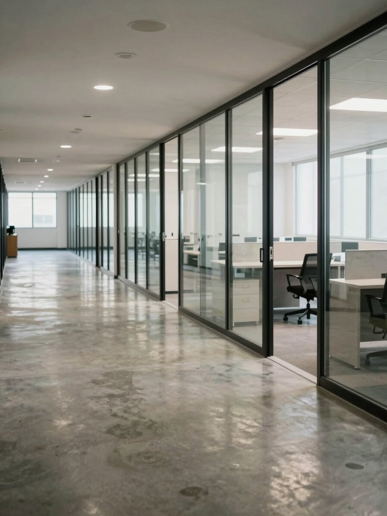 Wide interior corridor of a clean commercial property, polished concrete floor reflecting soft overhead light, glass-fronted office suites visible along the right wall, no people, ordered and well-maintained