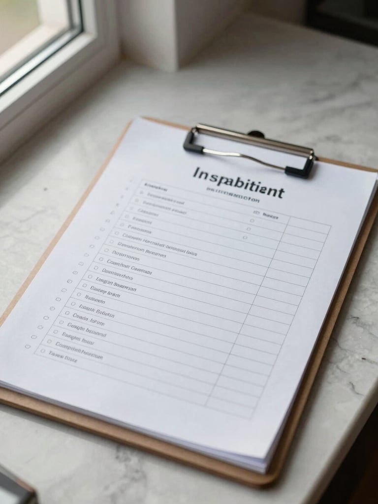 Close-up of an organized property inspection checklist on a clipboard resting on a marble countertop, natural window light from the left, quality stone surface in focus, no people
