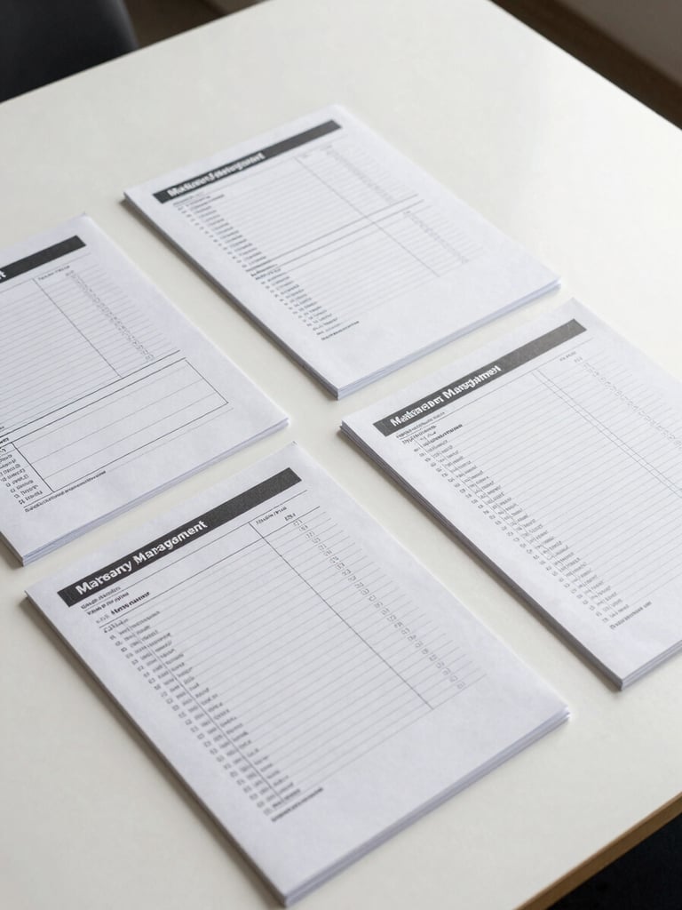 Close overhead shot of organized property management documents and maintenance logs spread on a clean white desk under soft studio strobe light, papers precisely arranged, no people visible
