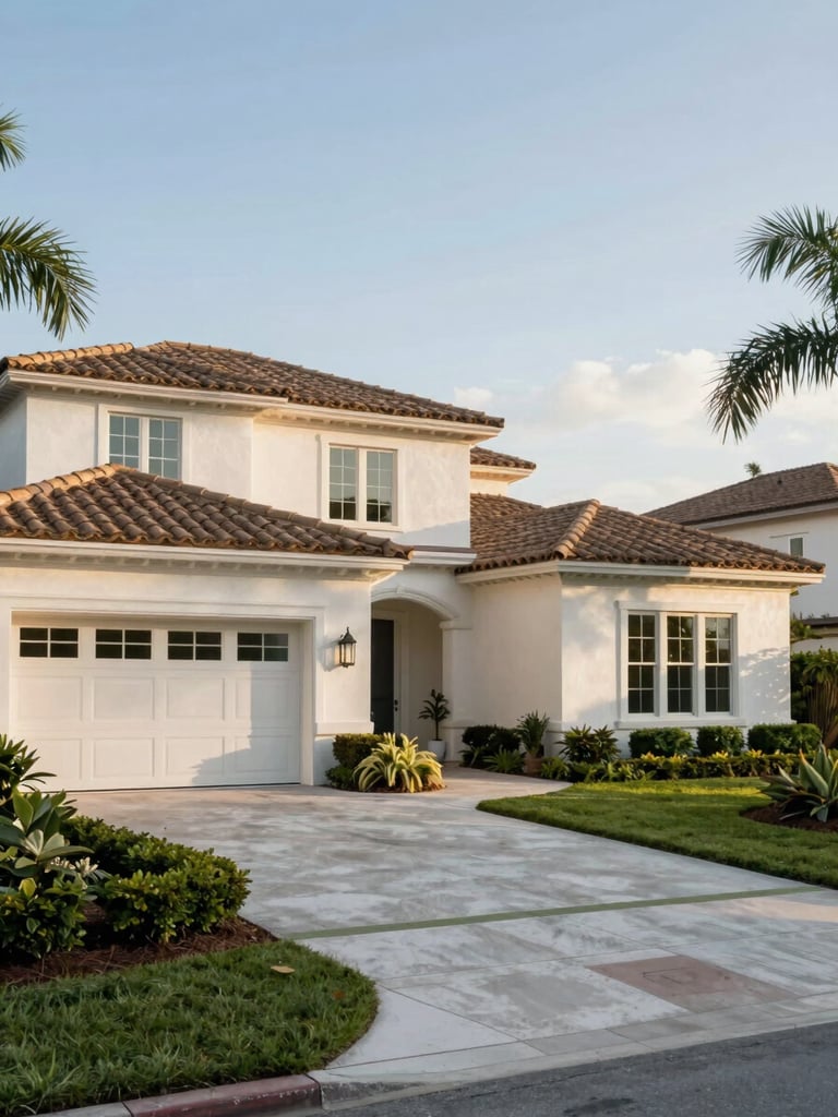 Wide environmental shot of a well-maintained luxury residential exterior in Naples Florida, soft north-facing daylight illuminating clean stucco and manicured landscaping, calm and ordered, no people, no staging
