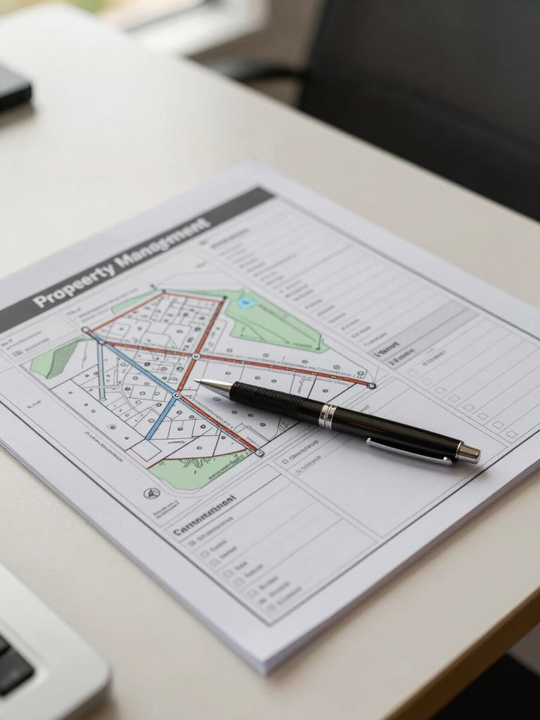 Close-up overhead view of an organized property management planning surface—a Naples site map, printed inspection checklist, and a single pen laid flat on a clean cream desk under diffuse north-facing window light, no people