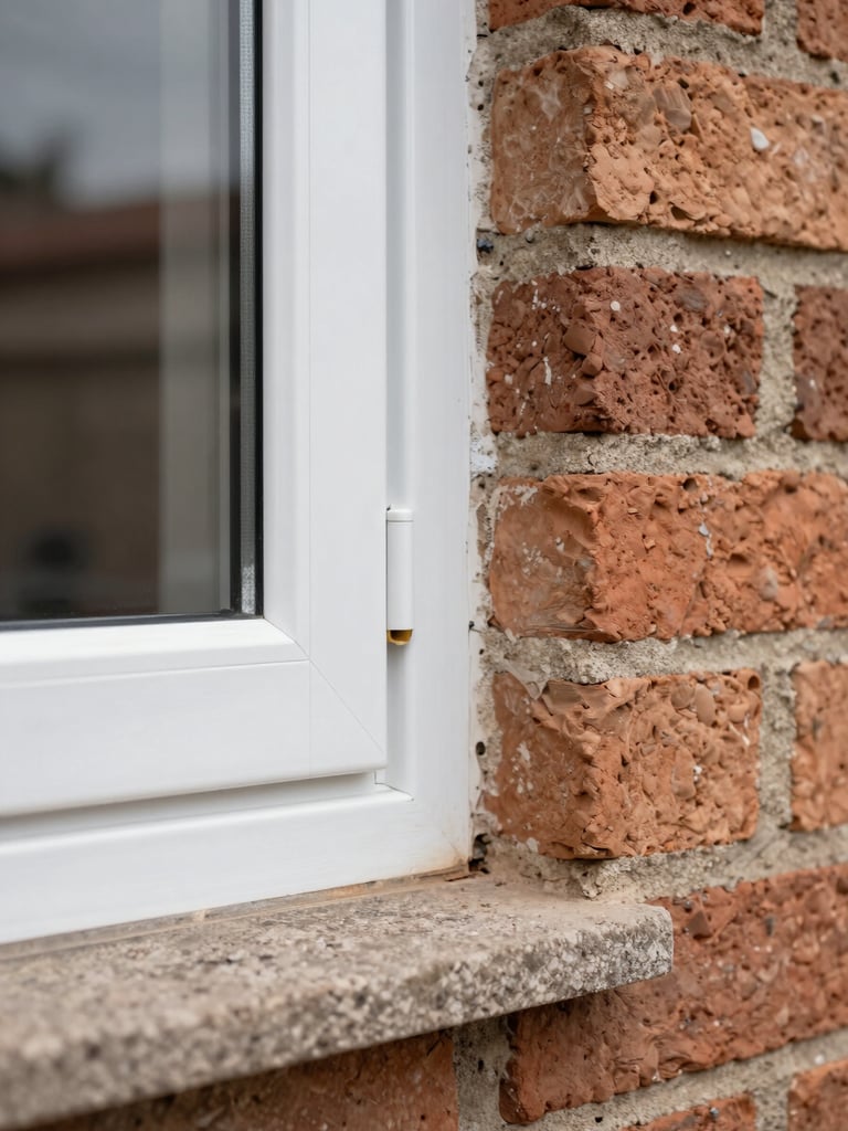 Close-up of a freshly installed white PVC window frame on a traditional Valladolid brick facade, overcast natural daylight revealing crisp joint detail and the texture of the masonry around the frame, shot from a slight angle to show depth
