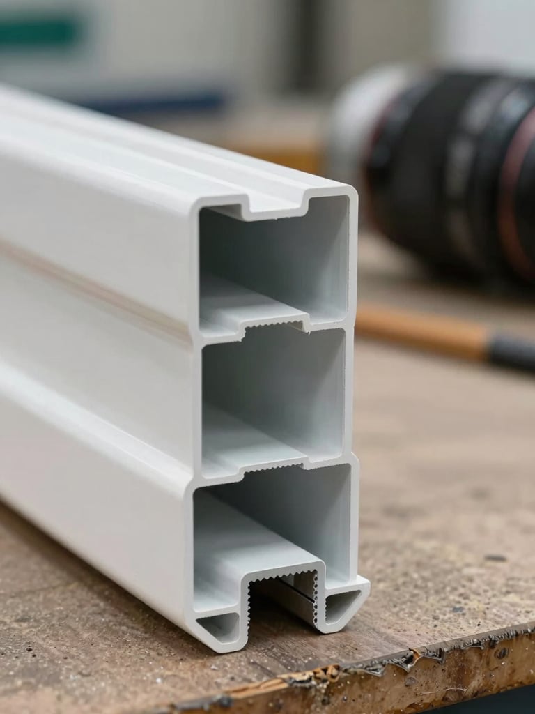 Close-up of white PVC window profile cross-section showing five chamber cavities, overcast natural daylight on a workshop bench, sharp detail on chamber walls