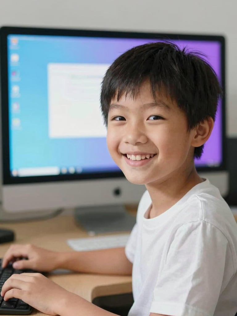 A young boy smiling in front of a computer screen with soft blue and purple light reflecting on his face, cozy bright room, natural daylight, 35mm