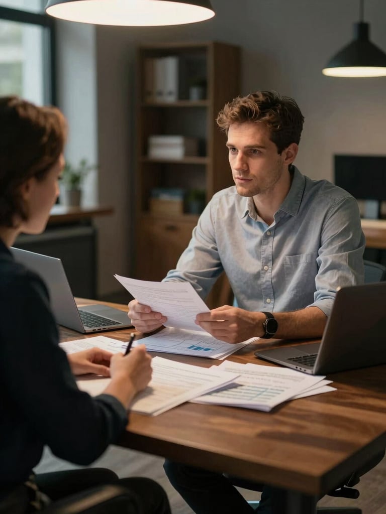 Medium shot of a professional consultation between two people at a desk covered in organized financial documents and a laptop, warm tungsten overhead light, modern office with dark wood tones, depth of field blurring the background shelves