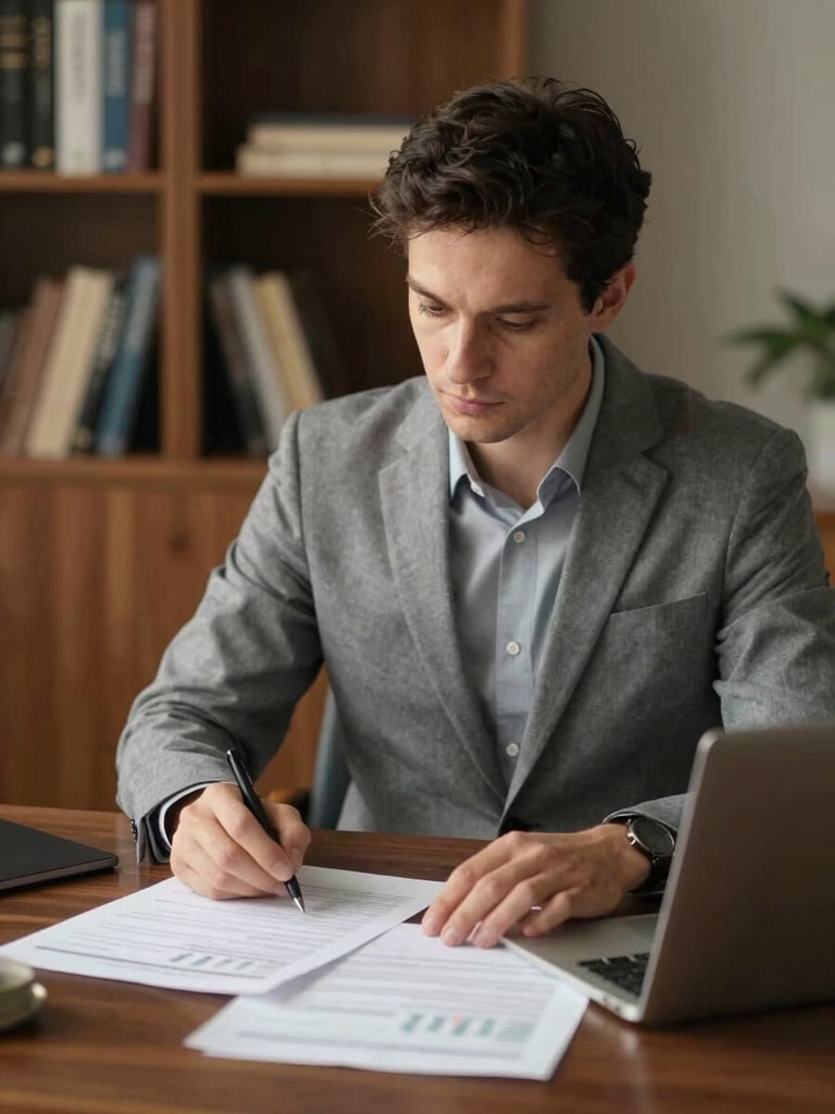 Close portrait-orientation view of a business owner seated at a dark wood desk, reviewing printed financial statements under warm tungsten office light, hands resting on papers, laptop open beside them, professional setting with bookshelves softly out of focus in background