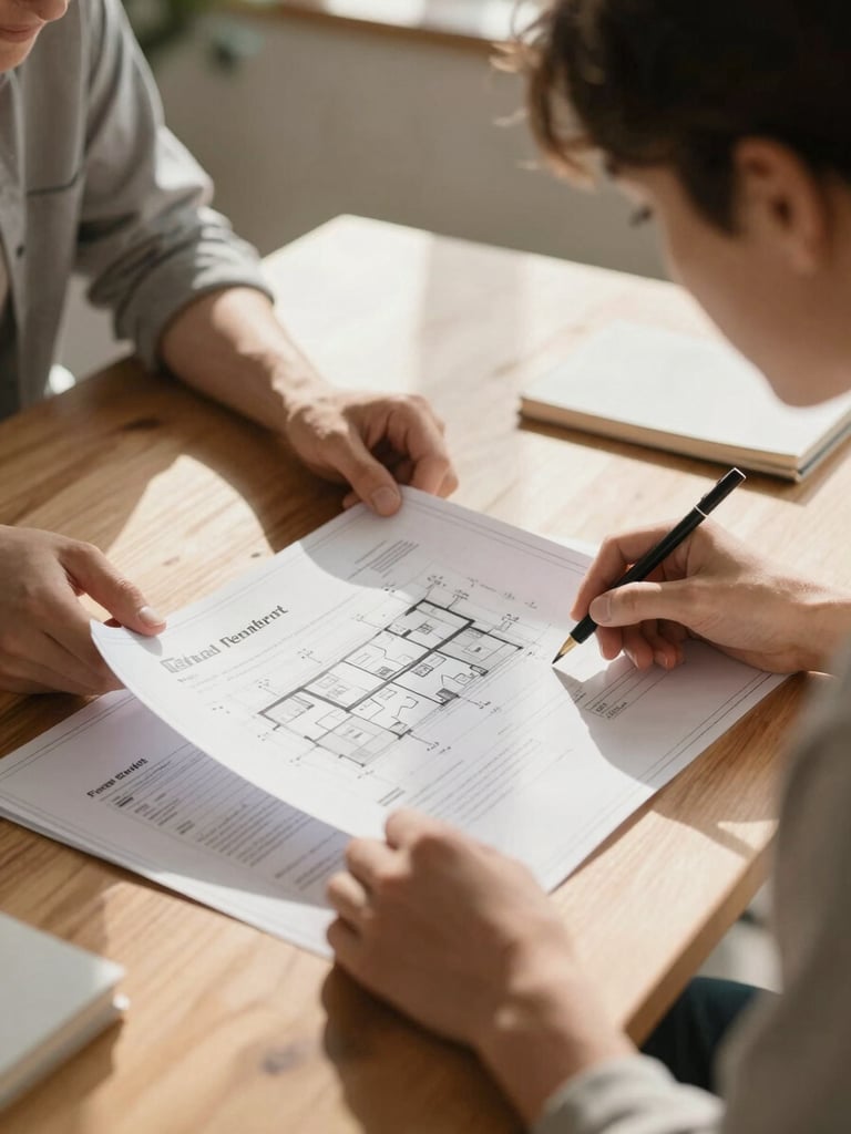 A close-up of a young couple sitting at a sunlit wooden table, reviewing architectural blueprints and housing credit documents, warm natural light, shallow depth of field
