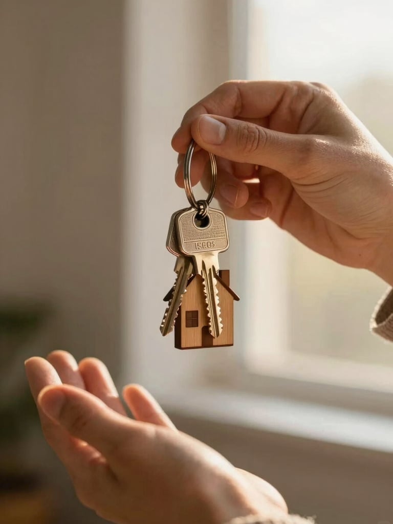 A close-up of hands holding shiny new keys with a small wooden house keychain, warm golden hour light streaming through a window, soft focus background