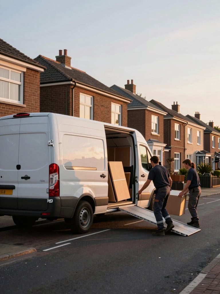 Wide environmental shot, Dutch residential street at golden hour, a large white moving van parked at the curb with rear doors open wide, two crew members in work gear loading flat-packed furniture boxes up a ramp, amber morning light raking across the van's side panels, row of brick terraced houses receding to the right