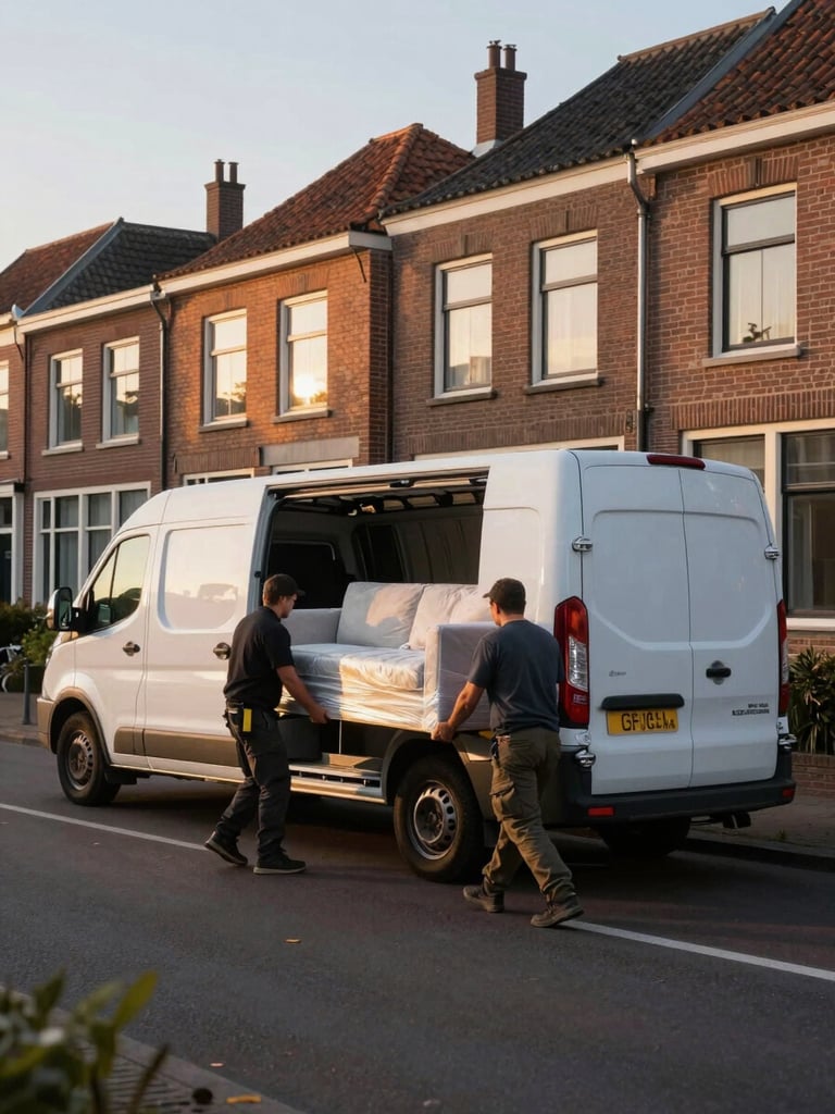 Wide shot of a moving crew loading a large white van on a quiet Breda residential street at early morning golden hour, two workers lifting a wrapped sofa into the van, brick Dutch terraced houses in background, warm directional light from the left