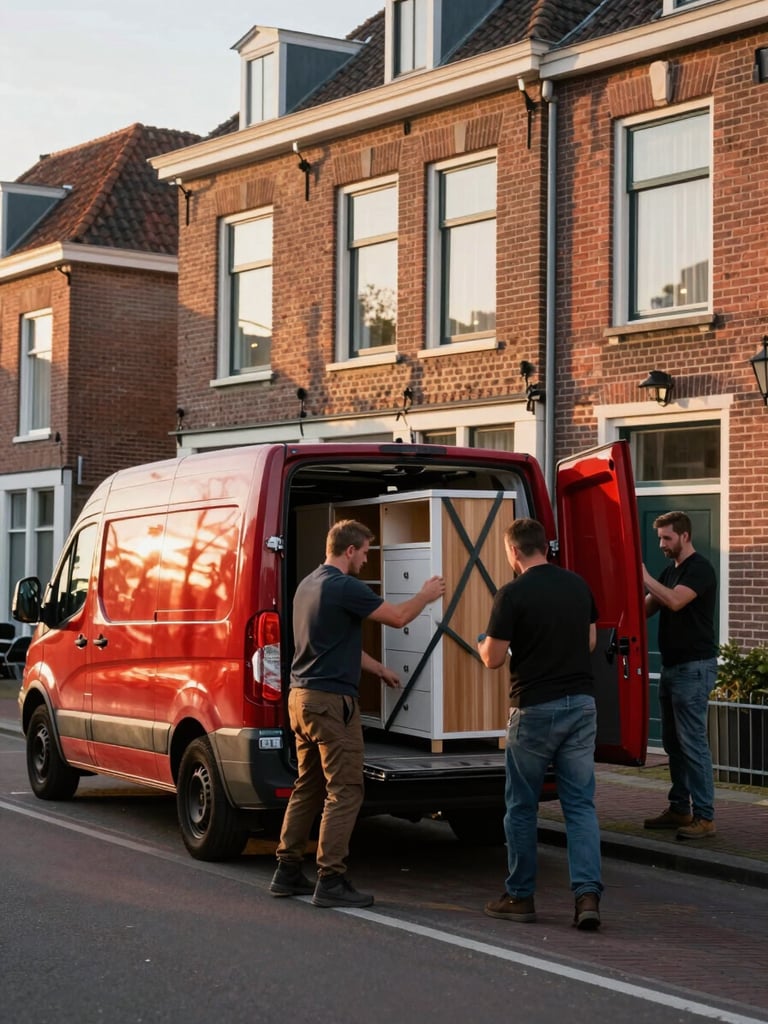 Wide shot from street level, moving crew loading heavy furniture into a red moving van parked in front of a Dutch brick terraced house in Arnhem, golden morning light raking across the van doors, one worker securing straps on a wardrobe, another on the tailgate — real work, no posing