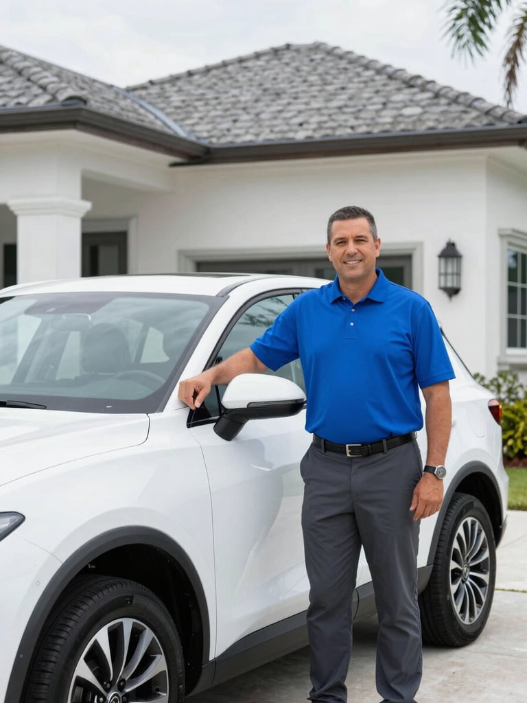 A professional technician in a vivid cobalt blue polo shirt and dark gray pants stands beside a clean company vehicle parked at a modern Southwest Florida estate.