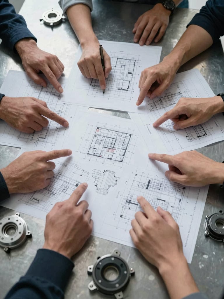 Close overhead plan-view of a technical coordination meeting over engineering drawings spread on a steel worktable, mechanical components and annotated schematics visible, overcast flat studio light, no faces prominent, hands pointing to specification details