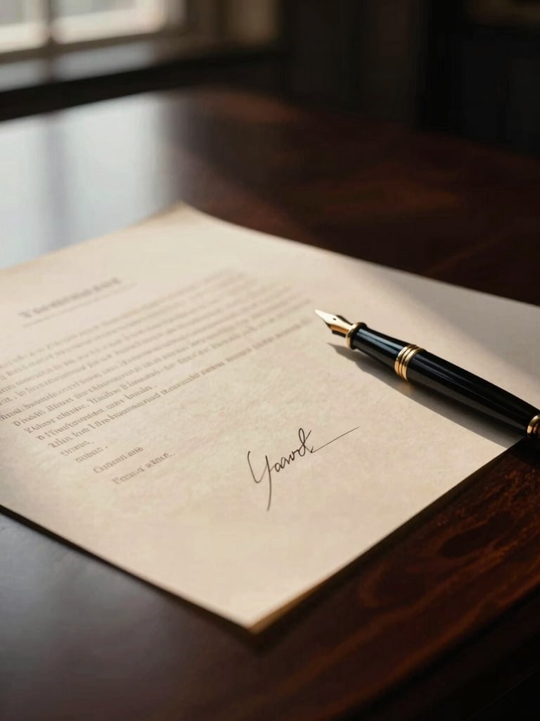 Close-up of a signed legal document on a dark mahogany desk, elegant fountain pen, soft warm light highlighting the paper texture, minimalist luxury law office atmosphere.
