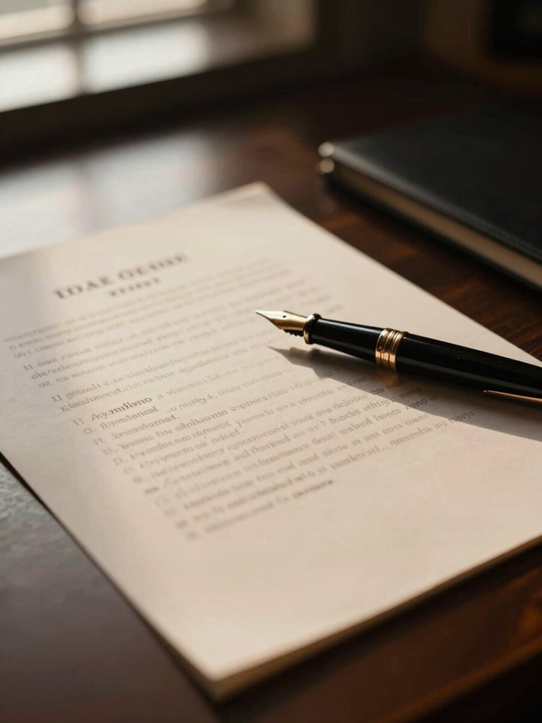 Macro detail of a refined office desk, signed legal documents, elegant fountain pen, warm low-key lighting, soft shadows