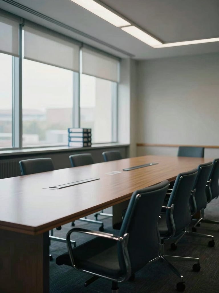 Wide shot of an empty boardroom interior, long conference table under north-facing window light, governance binders stacked at the far end, no people, cool daylight, institutional scale