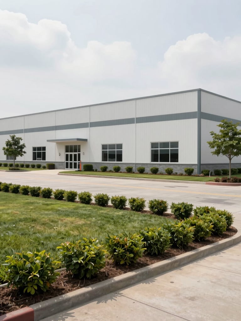 Wide environmental shot from pavement level looking across a large commercial property exterior — a clean industrial building facade with maintained landscaping border in the foreground, overcast natural daylight illuminating the full condition of the grounds, straight-on framing showing the building frontage and trimmed perimeter edge detail, no people