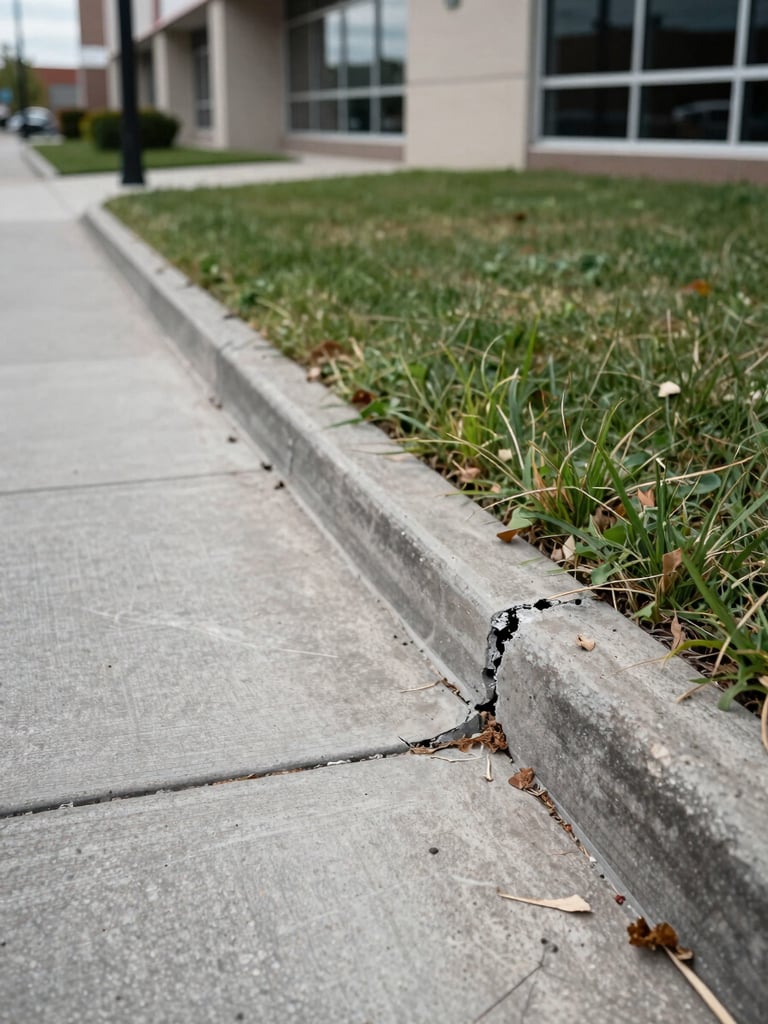 Close-up straight-on shot of a commercial building's cracked concrete walkway edge and overgrown turf border under flat overcast daylight, showing deterioration detail — no people, no signage