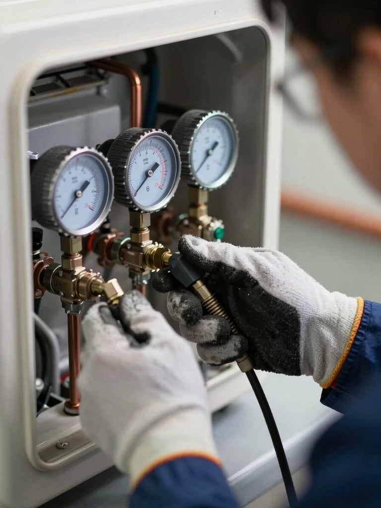 Close-up of a technician's gloved hands using a diagnostic gauge set connected to an AC unit's service ports, bright workshop lighting, copper pipes visible, technical detail