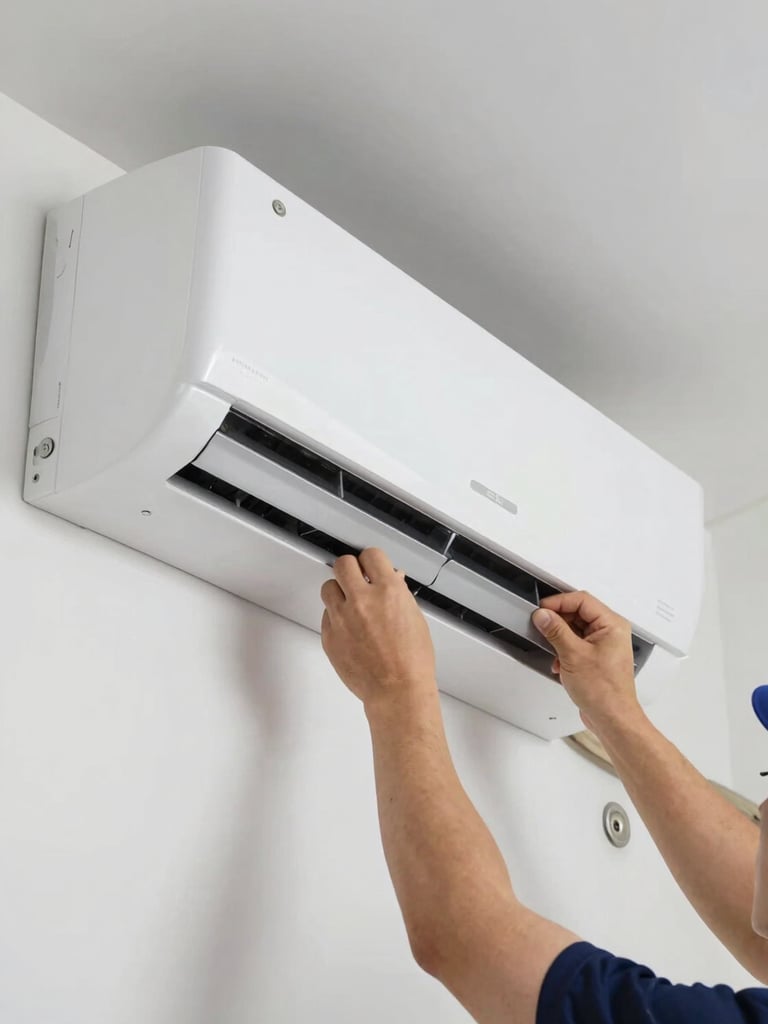Close-up of a brand-new white wall-mounted split AC unit installed on a clean interior wall, technician's hands adjusting the unit's panel, daylight-balanced indoor lighting, sharp technical detail visible on vents and mounting plate