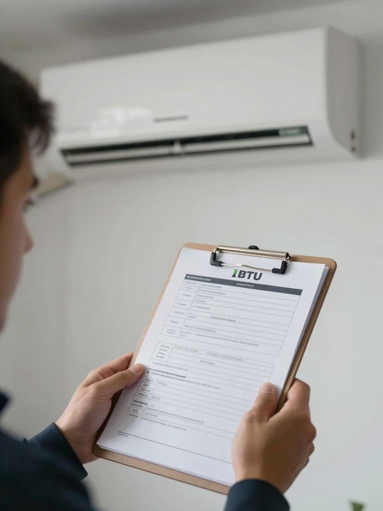 Technician's hands holding a BTU calculation worksheet next to a wall-mounted AC unit indoors, clipboard visible, daylight-balanced workshop lighting, close-up technical framing