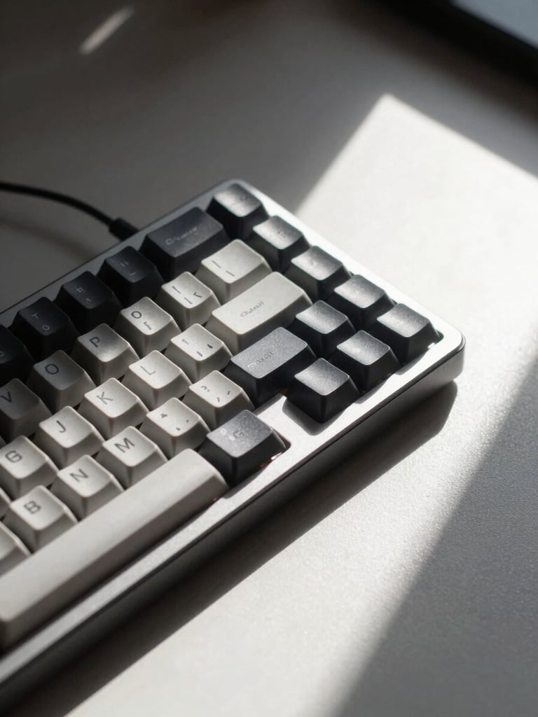 Macro shot of a clean workspace setup with high-contrast shadows, a mechanical keyboard, and sharp geometric light refractions across the desk surface