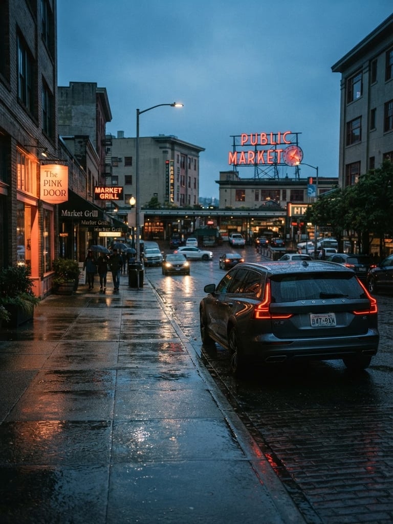 Cool editorial photography of Seattle street level at twilight, wet asphalt reflecting soft streetlights, a modern vehicle parked near Western Avenue, 35mm