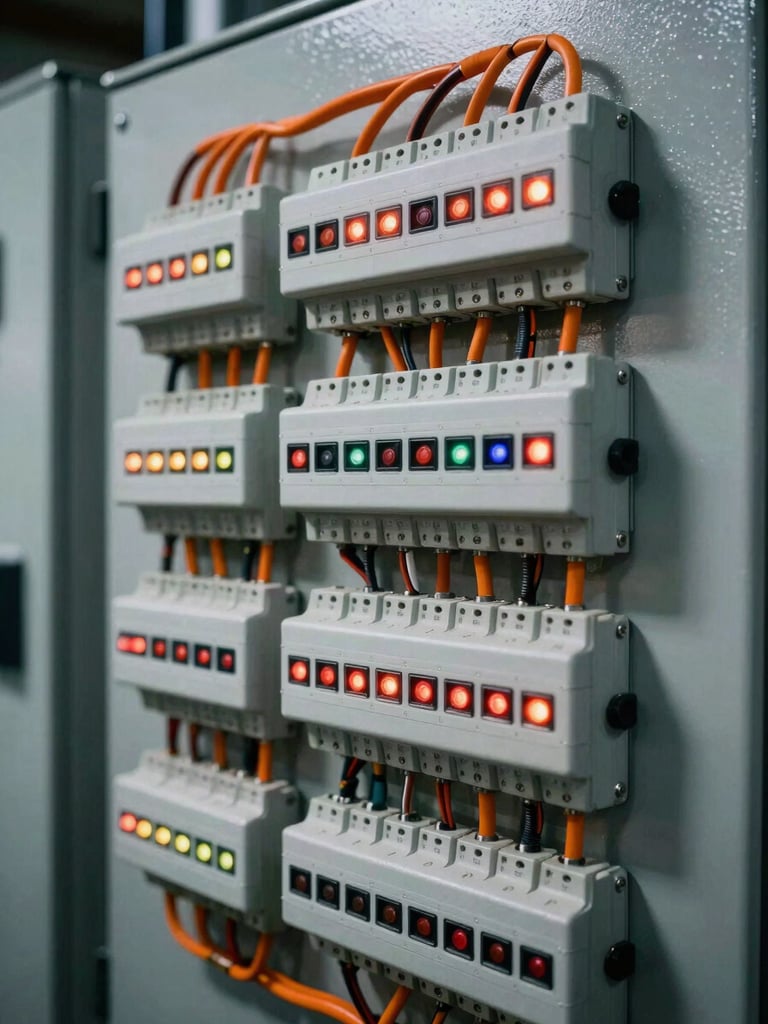 Close-up of a complex electrical control panel with glowing indicators, clean technical arrangement, safety orange wires, cool steel background, industrial documentary style