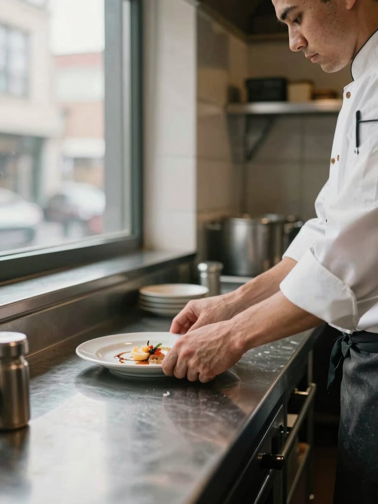 Narrow portrait shot of a small restaurant's open kitchen pass, a cook's forearms sliding a plate onto the counter, north-facing daylight from a high window, muted tones, no eye contact