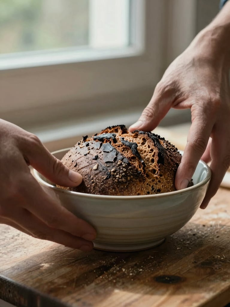 Extreme close-up of two hands carefully composing a ceramic bowl of dark rye bread on a worn wooden surface, north-facing window light raking across the texture, a camera viewfinder barely visible at frame edge, no styling props