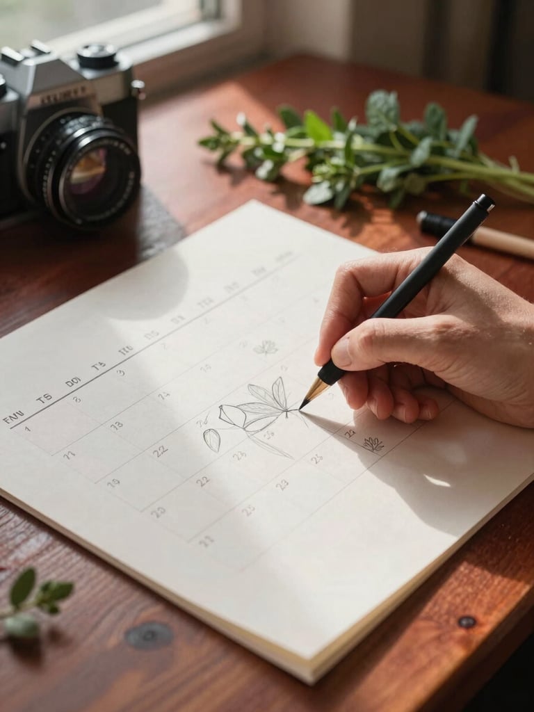 Hands sketching a seasonal content calendar on parchment paper, warm natural side-light, camera and fresh herbs on the table, 35mm film style