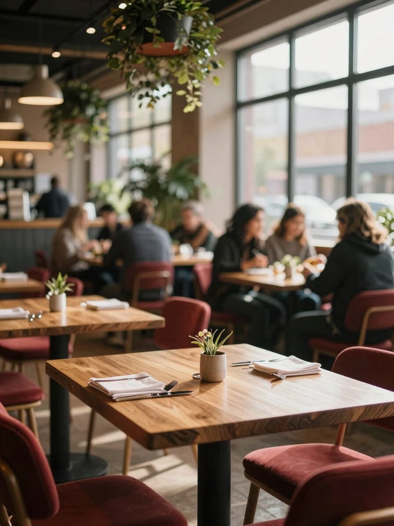 A bustling modern food hall with warm wooden tables, Scandinavian styling, overhead hanging plants, and soft natural window light streaming in.