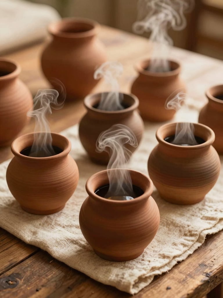 Tactile close-up of traditional healing setup, clay pots with warm herbal steam rising, clean linen on a rustic wooden table, soft low-contrast golden light