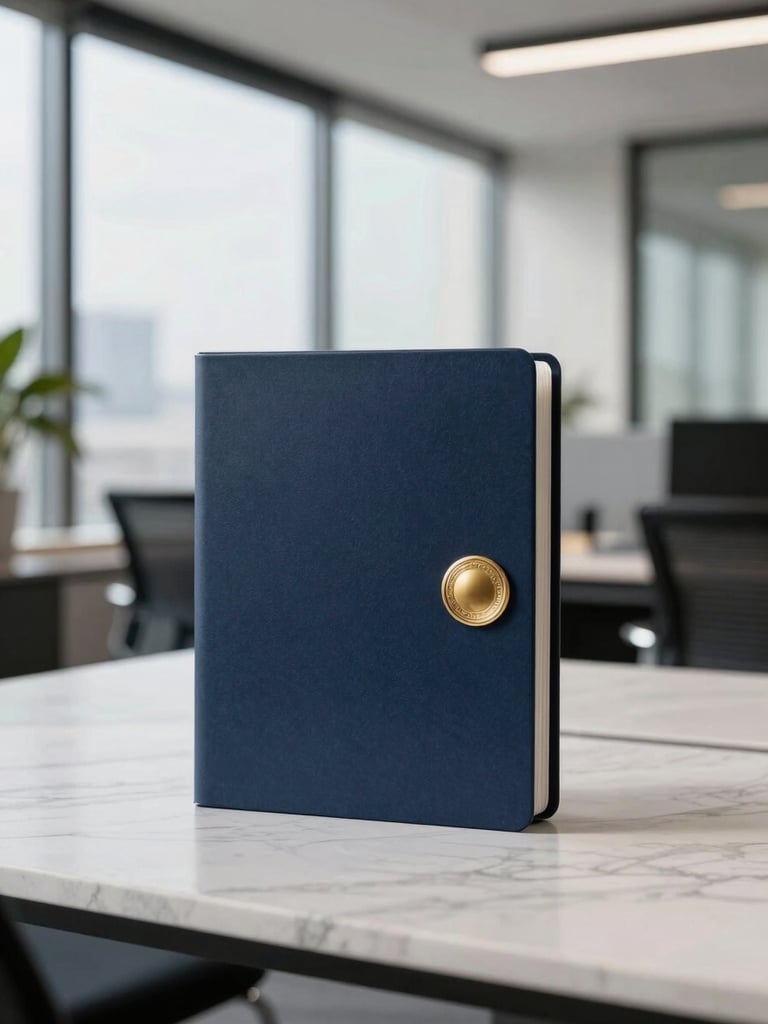 A professional corporate workspace in Europe, clean architectural lines, natural daylight, deep navy folder with gold seal on a marble table, 35mm lens