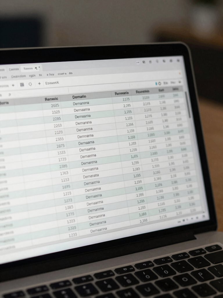 Tight overhead shot of a laptop screen displaying a spreadsheet of domain names with renewal dates and status columns, cool flat office light, keyboard visible at bottom edge, no person in frame