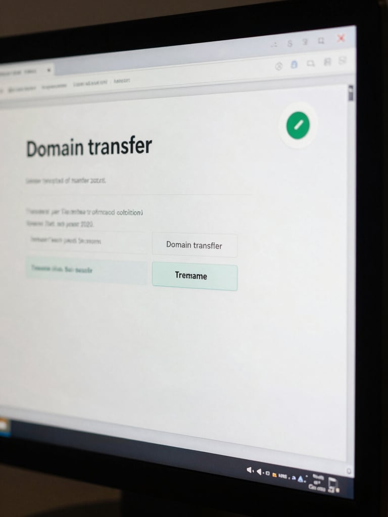 Close-up of a monitor screen showing a domain transfer confirmation dialog with a countdown timer badge in the corner, soft studio light on screen surface, no people, tight crop