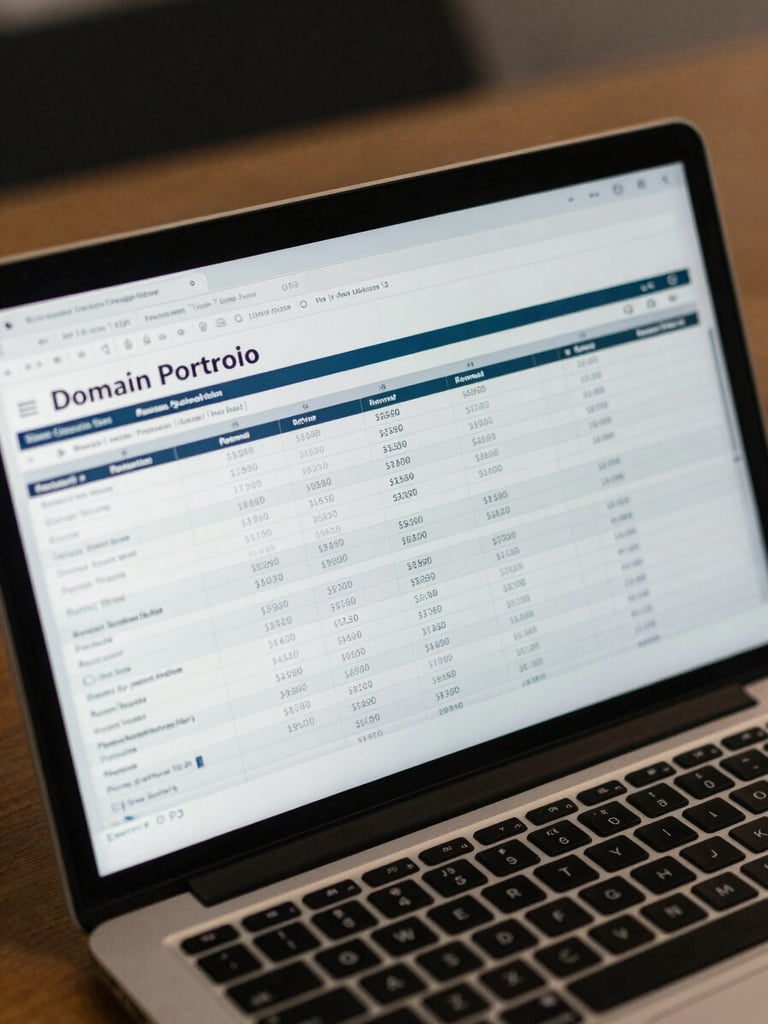 Tight overhead shot of a laptop screen displaying a domain portfolio spreadsheet with renewal dates and costs visible in columns, cool flat office light, no people in frame, screen fills the frame