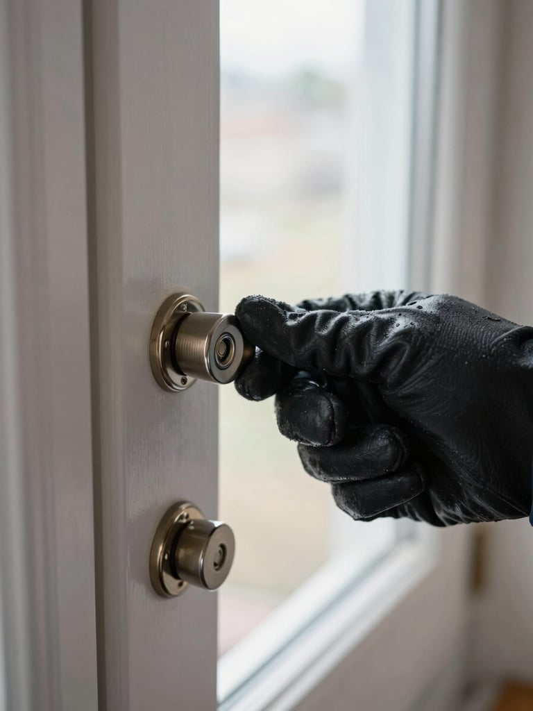 Close-up of a locksmith's gloved hand turning a freshly installed euro cylinder in a residential door, bright daylight from a side window, shallow focus on the cylinder face, documentary style