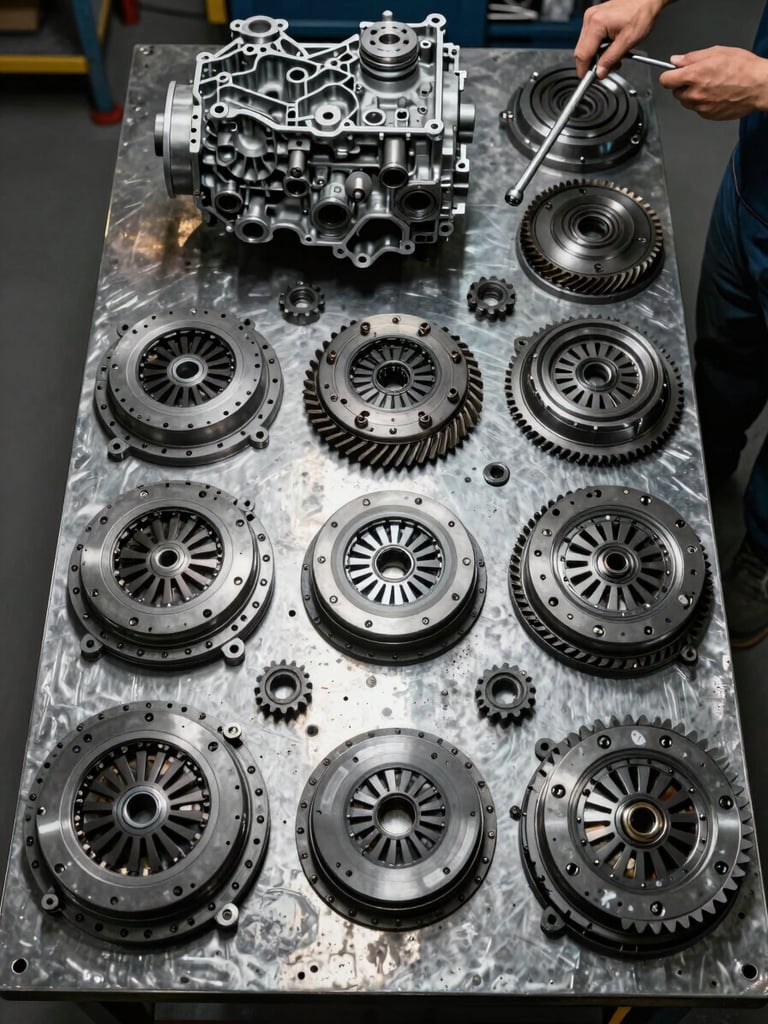 Tight overhead shot of a disassembled automatic transmission spread across a steel workbench, individual clutch packs and gear sets laid out in order under tungsten shop lighting, a technician's forearm visible at the frame edge holding a torque wrench — no faces, no background clutter