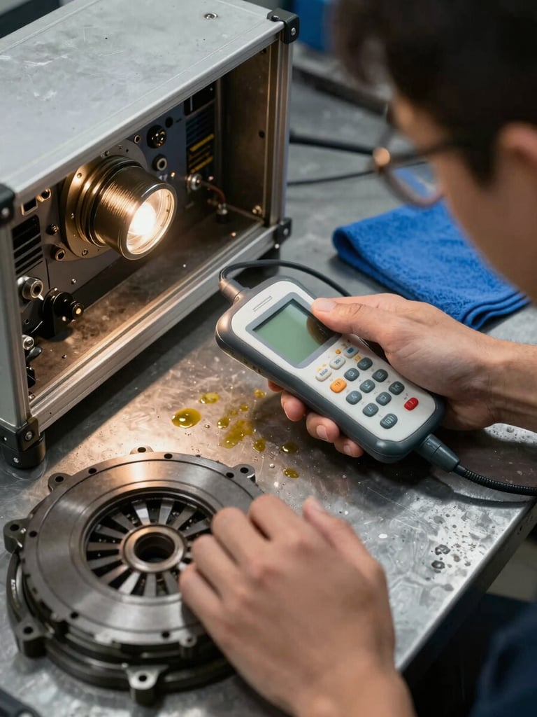 Close overhead view of a technician's hands holding a diagnostic scanner connected to an open transmission on a steel workbench, worn clutch pack visible in the foreground, tungsten shop light raking across the aluminum casing, oil residue on a blue shop rag nearby
