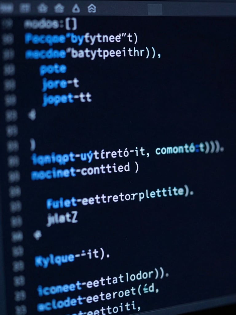 Macro shot of a dark IDE screen showing clean Python code with neon-blue syntax highlighting, low-key lighting, sharp technical focus