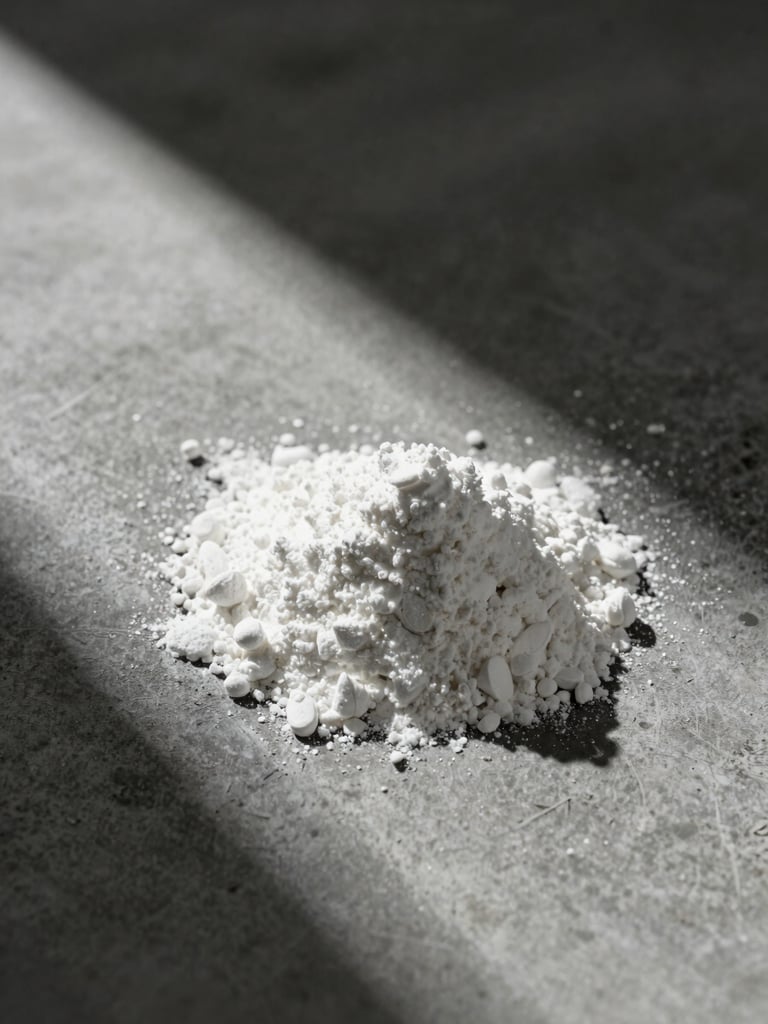 Stark laboratory setting, raw white supplement powder on a cold concrete surface, high-contrast directional studio lighting with deep charcoal shadows.