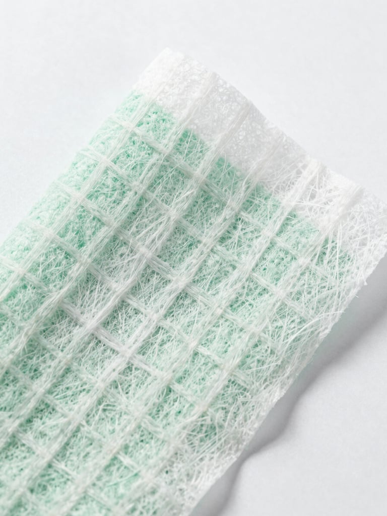 Macro close-up of textured spunlace nonwoven wet wipe fabric, showing cross-laid fiber grid under bright clinical white studio light.