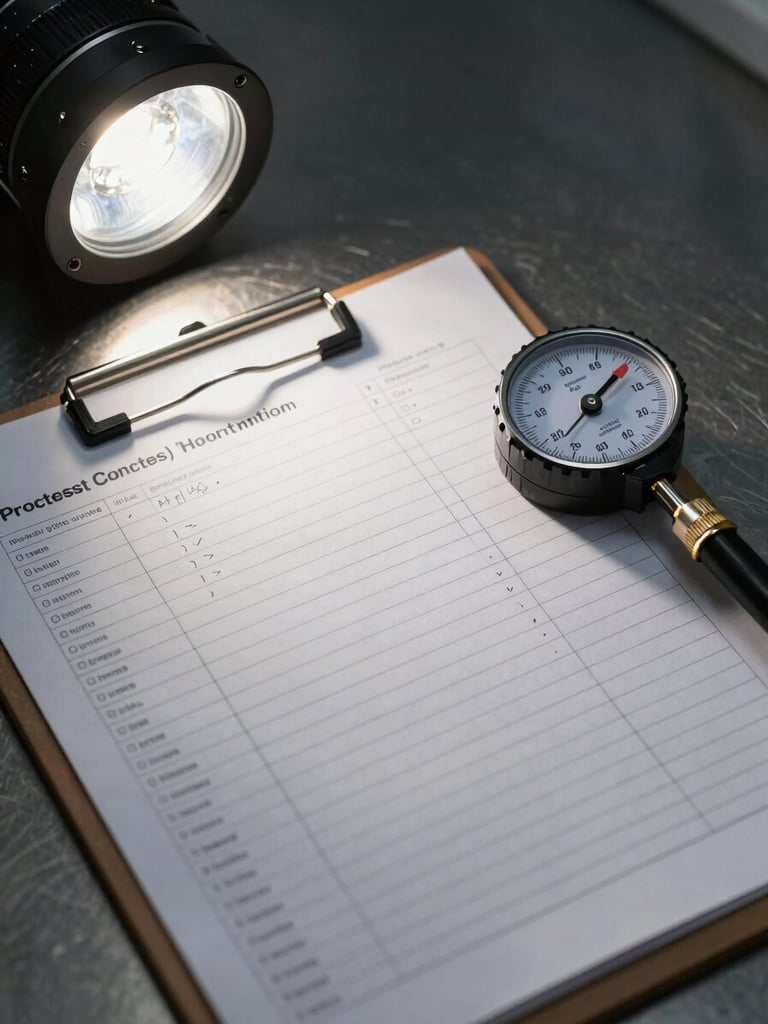 Extreme close-up overhead flatbed view of a process control checklist on a metal clipboard, fields filled in with precise handwriting, a calibrated measuring instrument resting beside it on a dark steel surface, single directional studio strobe light, high contrast, no hands, no people, clinical documentation still life