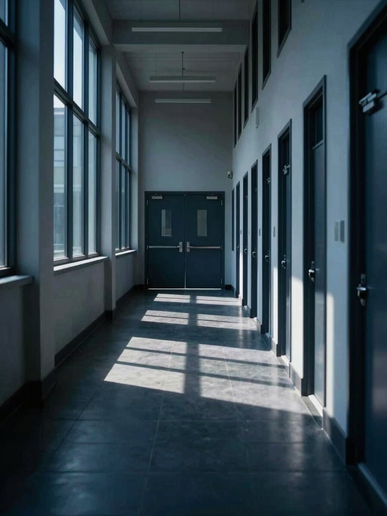Long institutional corridor perspective inside a corporate building, shot from low center looking toward a set of closed heavy doors at the far end, single directional light from high windows casting sharp parallel shadows across polished dark floor, deep blue-black tones, no people, architectural precision framing